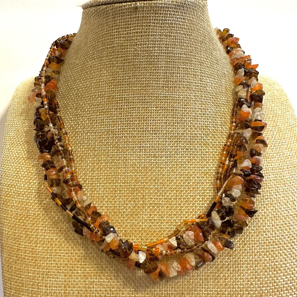 Multi-color Genuine Gemstone & Glass Bead Necklace multistrand, quartz carnelian